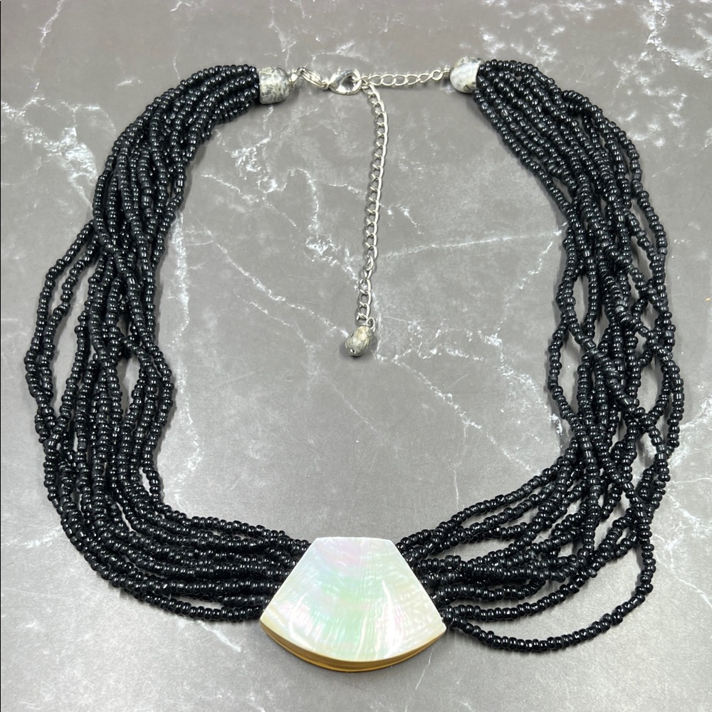 Vintage Multi-Strand Seed Bead Shell Pendant Necklace w/ Natural Stone Accents